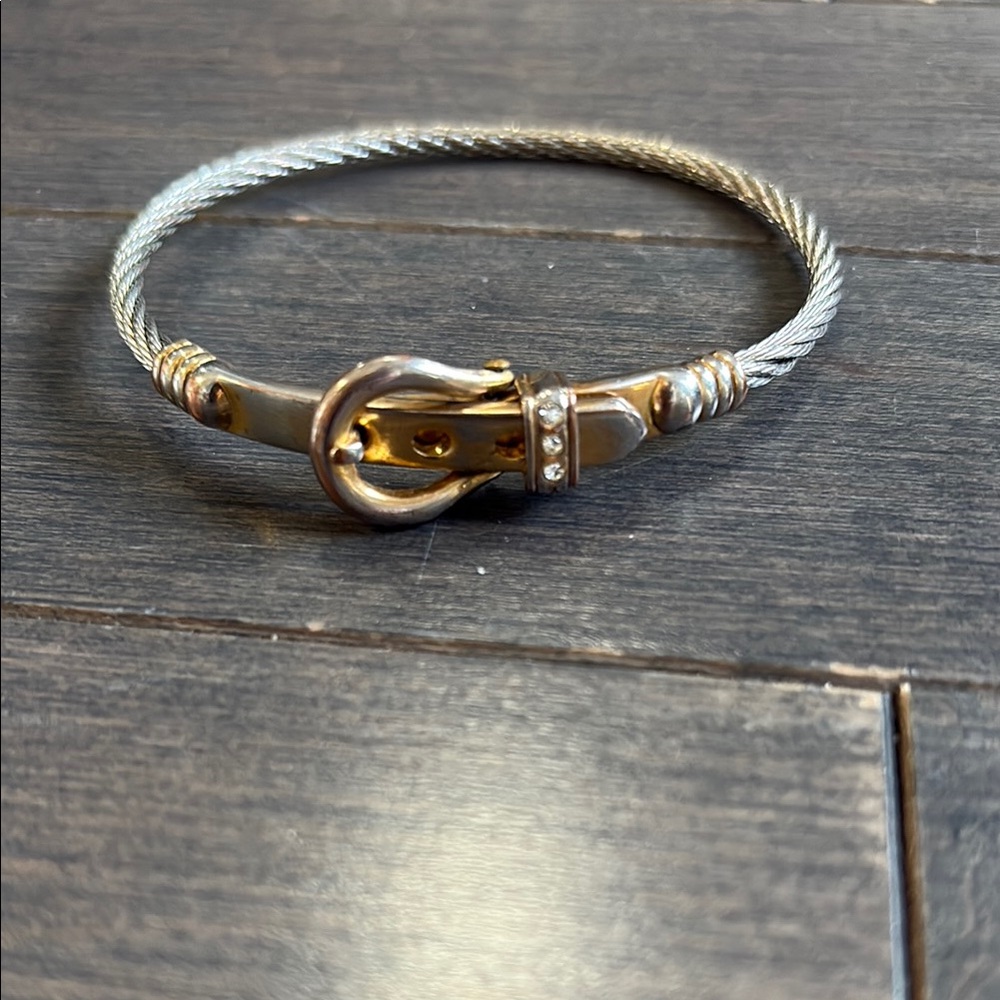 Brass and Wire Belt Buckle Bracelet W/ Crystals